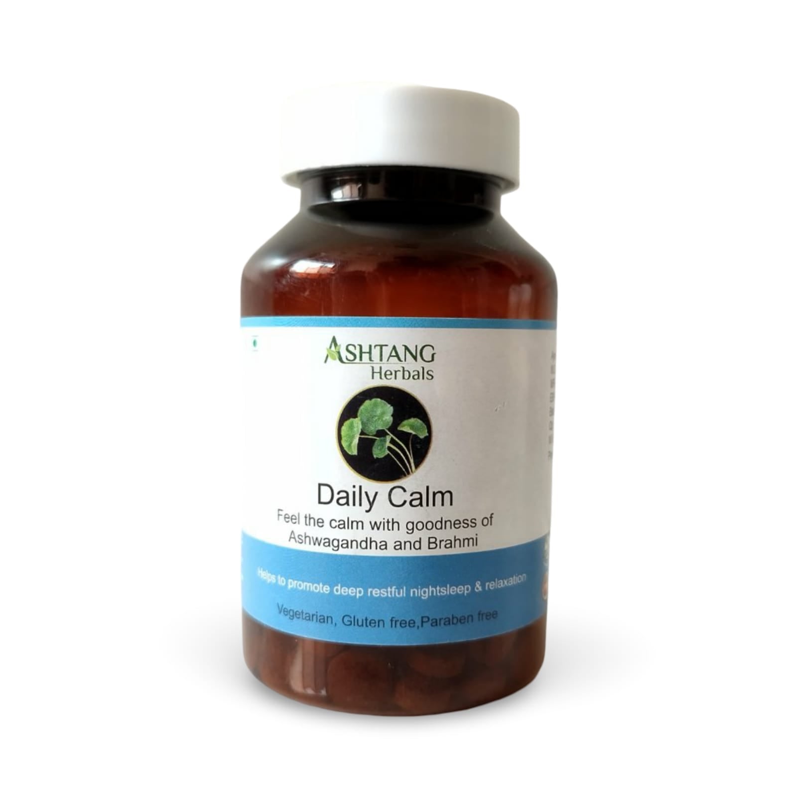 Bottle of Ashtang Herbals Daily Calm supplement on a white background